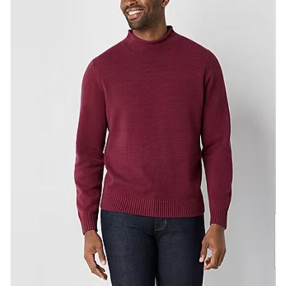 NWT ST. JOHN’S BAY Men’s Sweater L Roll Neck Burgundy Red Classic Fit Soft Knit - Picture 1 of 16